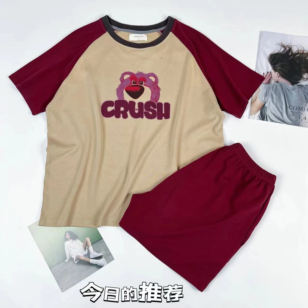 睡衣杏色枣红插肩熊宽松时尚休闲短袖短裤家居服
