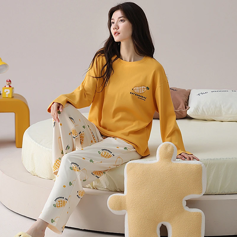 睡衣女春秋新款纯棉长袖秋天黄色香蕉满印长裤家居服-A123