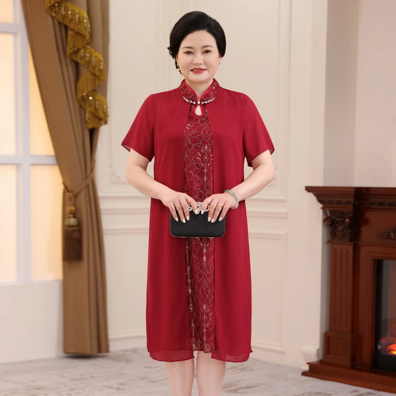 妈妈洋气裙子喜婆婆婚宴装中老年人气质高贵假两件连衣裙WL24176