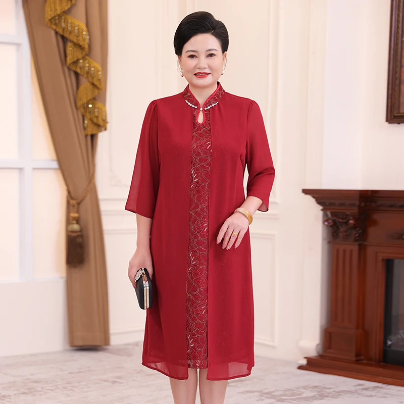 中老年妈妈喜庆旗袍领雪纺连衣裙洋气大码假两件女装裙子WH24765