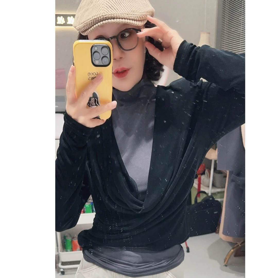 [68岁小姐姐]春秋时尚设计感大荡领收腰显瘦长袖上衣D24YS3 5009