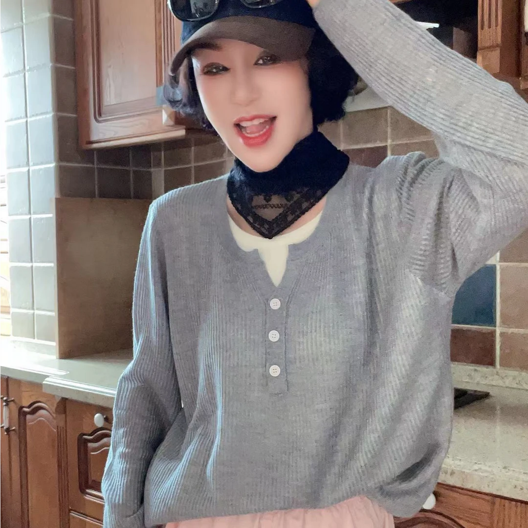 [68岁小姐姐]秋季慵懒风坑条针织半开衫假两件上衣D24JWH5 0162