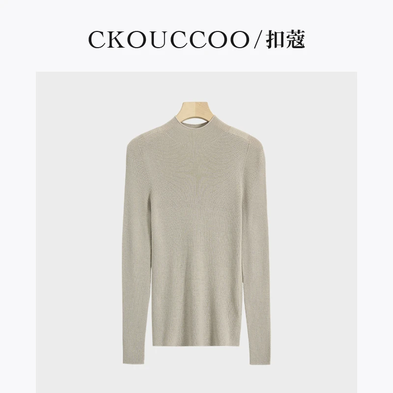 CKOUCCOO/扣蔻  半高领100%精纺可机洗羊毛针织衫女无缝打底衫
