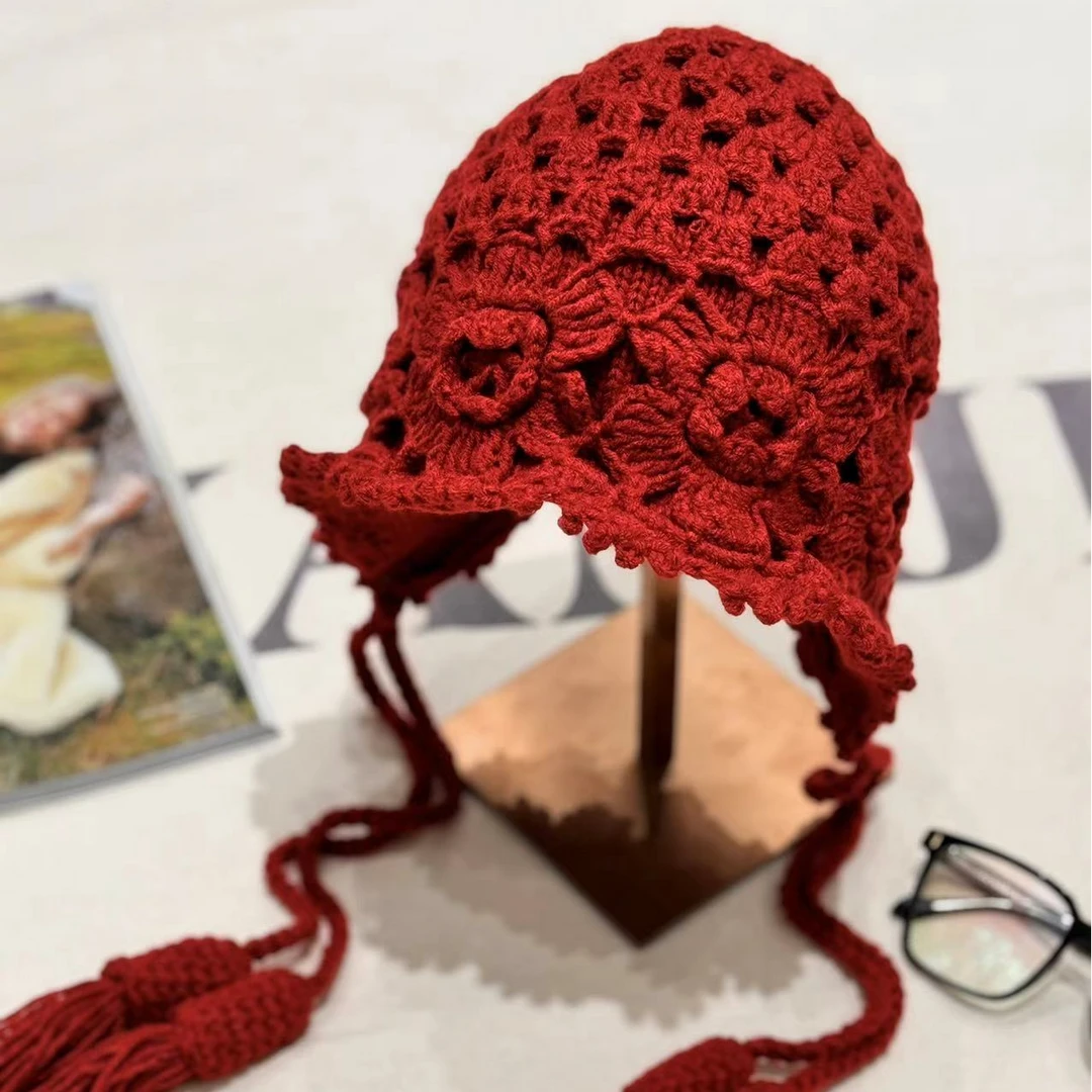 [68岁小姐姐]韩国2024新款针织钩花流苏双层护耳包头帽D24JN 4785