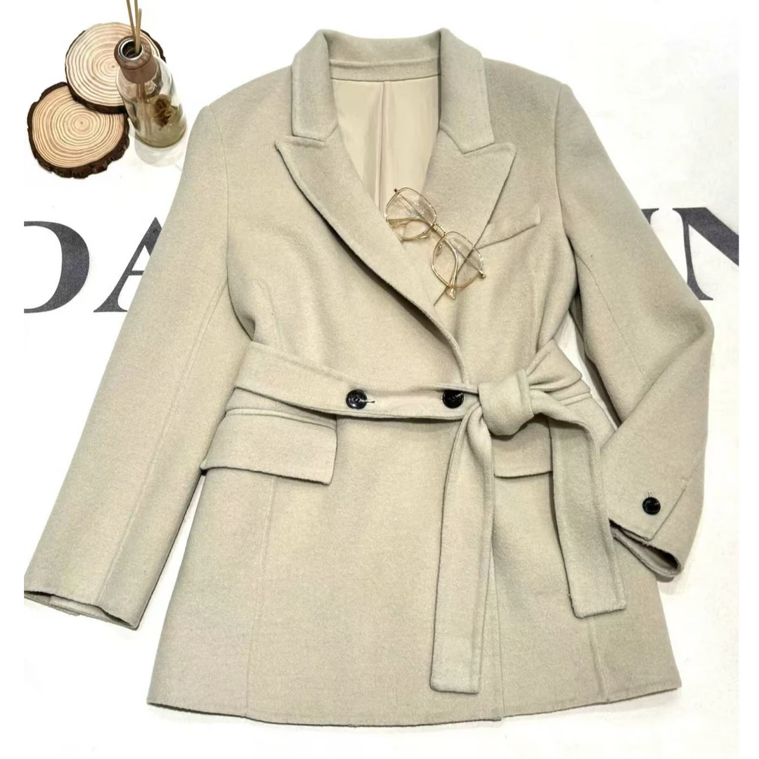 [68岁小姐姐]韩系chic西装领短款小个子腰带手工羊毛大衣SY2 2A6A