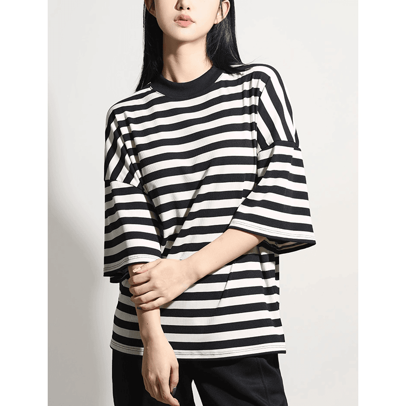 CKOUCCOO/扣蔻基础款圆领条纹T恤女新款宽松显瘦气质中袖上衣