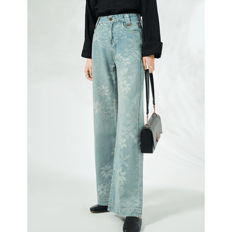 CKOUCCOO/扣蔻阔腿裤女新款设计感刺绣复古提花直筒牛仔裤