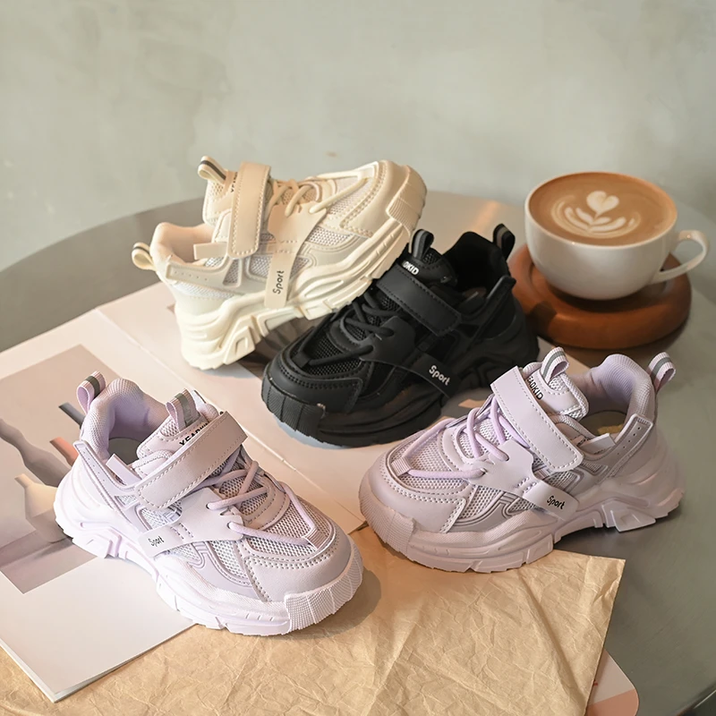 马卡龙色双网运动鞋2024秋季魔术贴儿童老爹鞋超轻软底休闲跑鞋