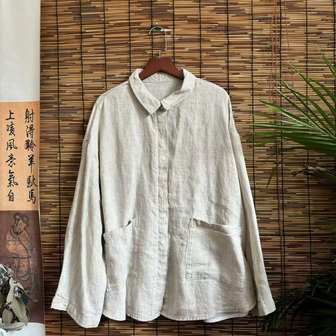 【大梅子推荐】设计款亚麻翻领衬衫X0106