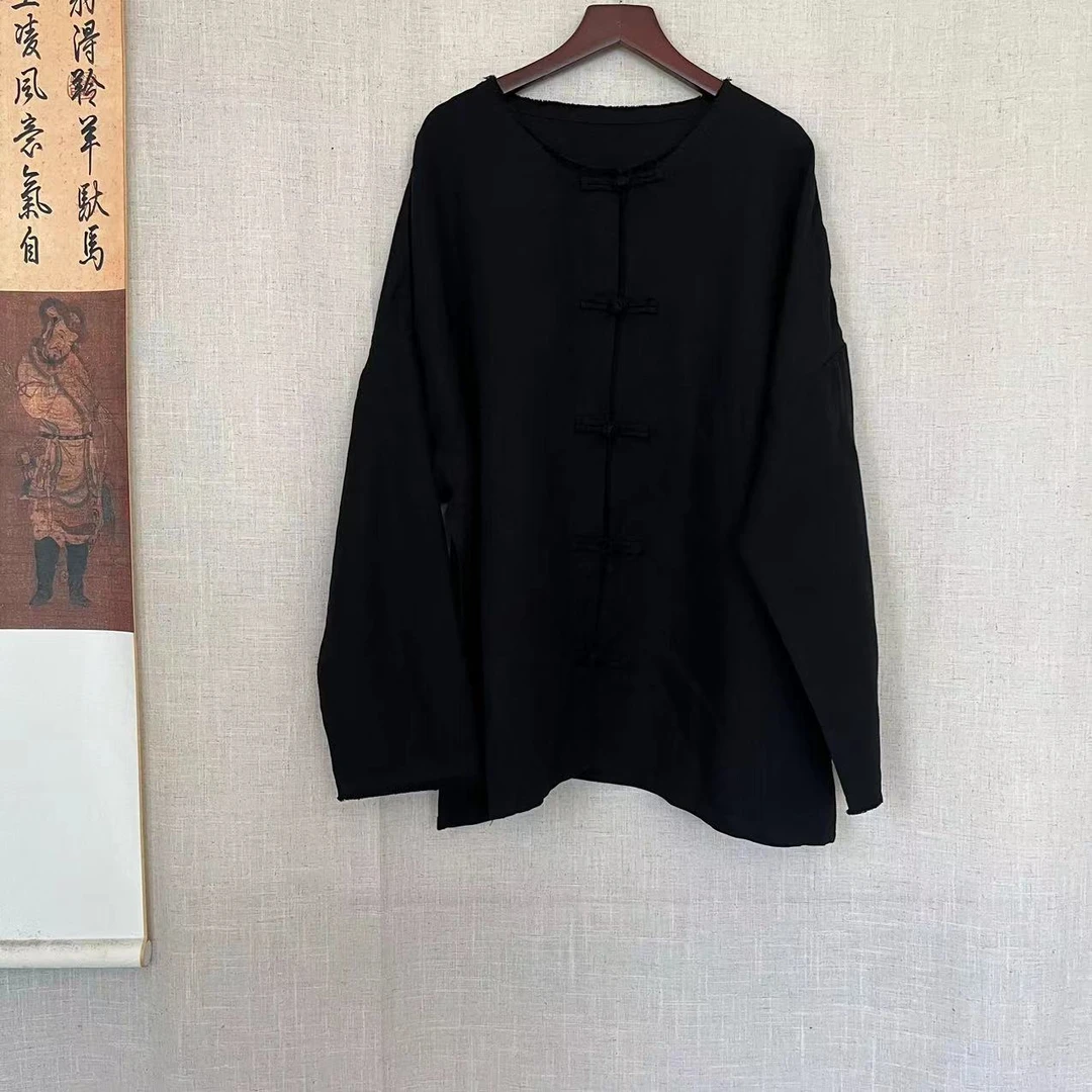 【大梅子推荐】设计款亚麻盘扣毛边上衣H8881