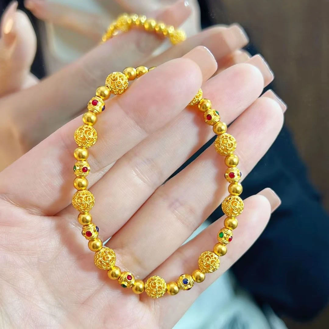 铜合金手链 国潮个性中式花丝彩珠镂空绣球手链金色高级感女款