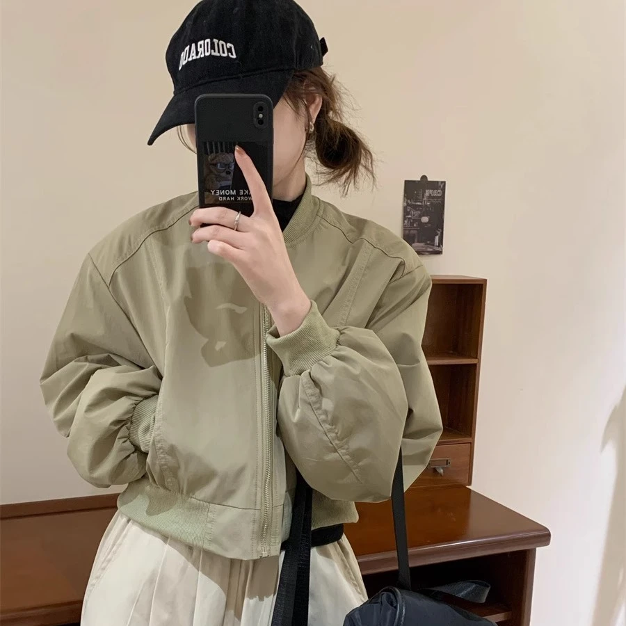美式复古棒球服外套女2025春秋新款高级感小个子圆领短款夹克百搭