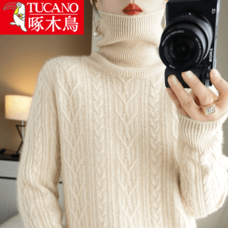 啄木鸟软糯高领毛衣女秋冬加厚麻花羊毛衫修身100纯羊毛打底针织