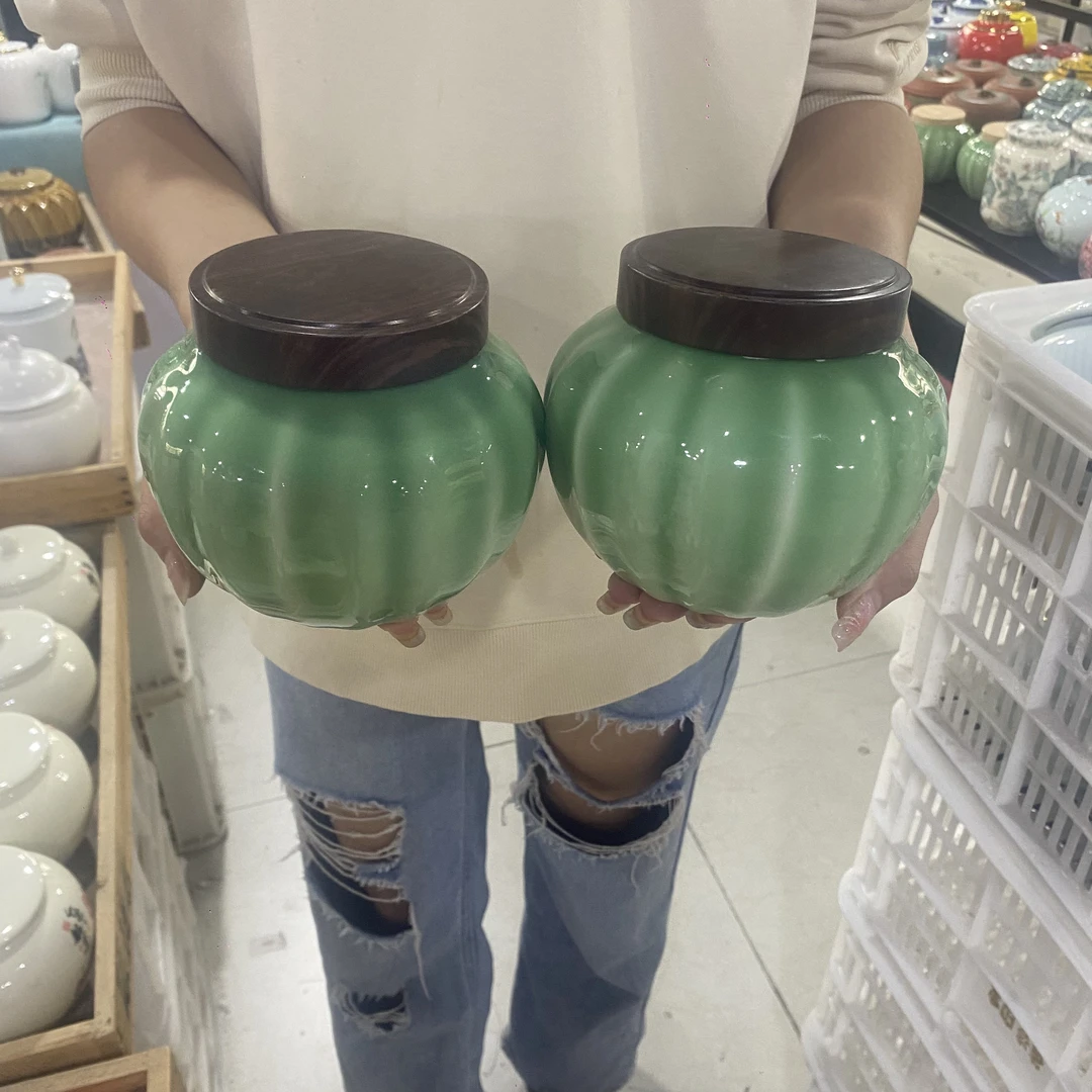仿胡桃木铁盖龙泉青瓷陶瓷茶叶罐