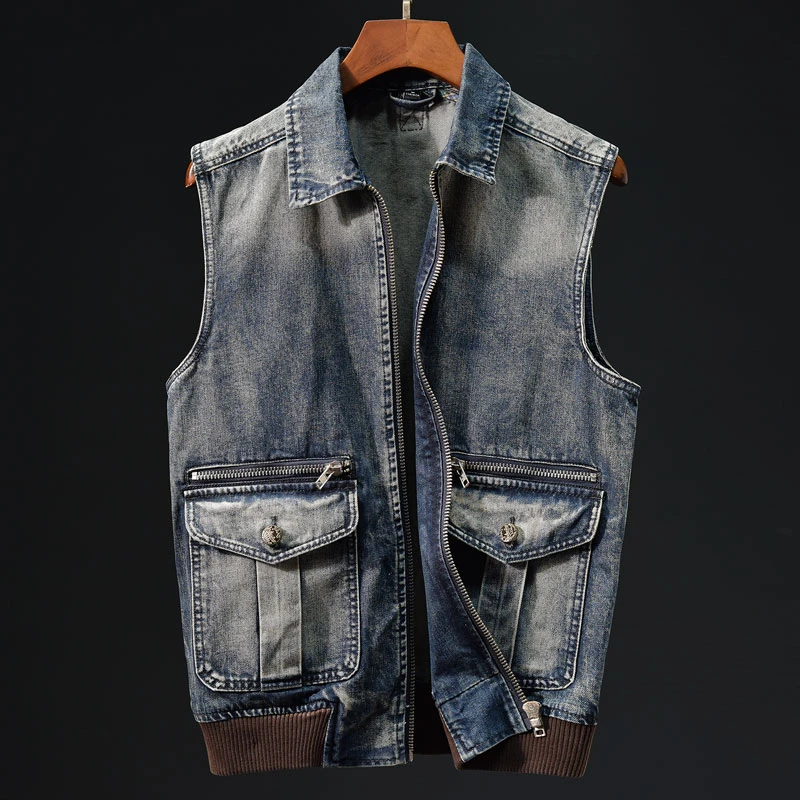 春季新款牛仔马甲男高端拉链款复古无袖坎肩背心机车工装马夹外套