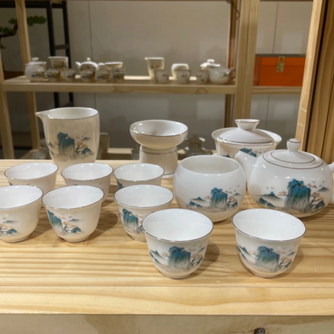 迎客江山14头羊脂玉套装高端送礼自用盖碗茶壶主人杯