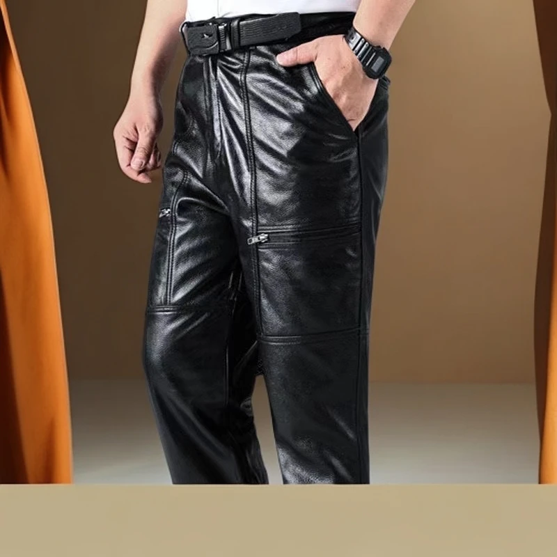 真皮皮裤男士头层牛皮中老年防风保暖高腰直筒机车加厚可拆卸皮裤