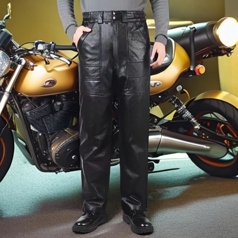 秋冬真牛皮保暖机车皮裤摩托车裤子男士户外骑行高腰防风男士加绒