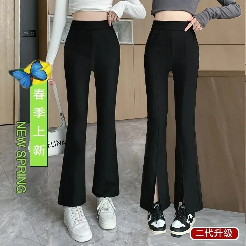 开叉九分微喇叭裤2024夏季爆款显瘦小个子高腰时尚休闲裤黑色长裤