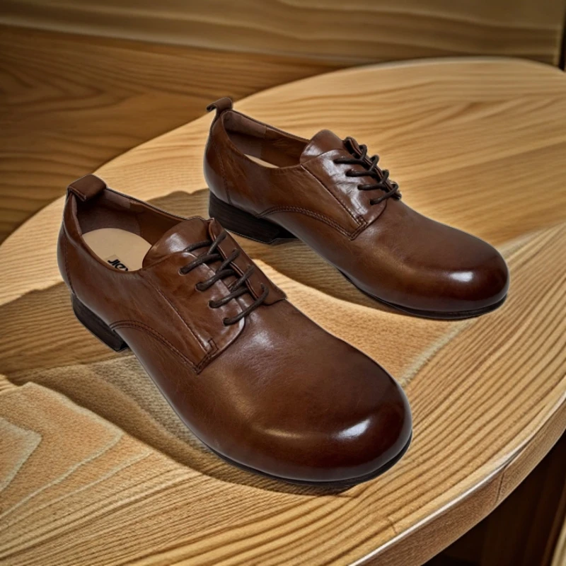 软底单鞋女春季显瘦头层马皮乐福鞋简约百搭低帮圆头真皮棕色