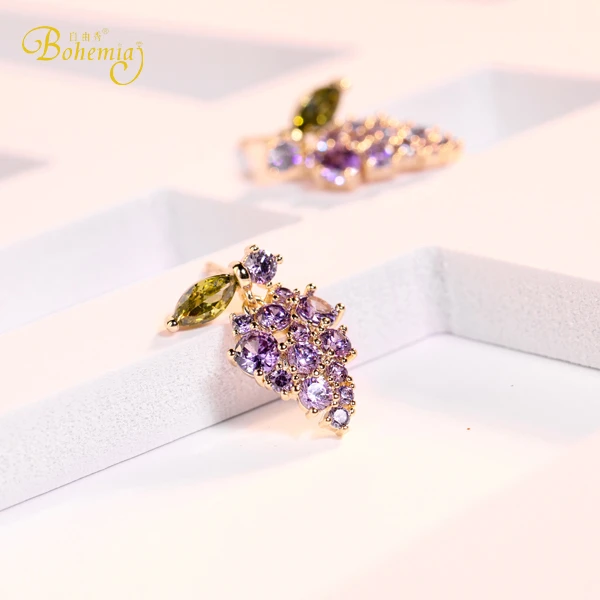 Bohemiaj/自由秀 铜合金合成锆石耳饰 葡萄清新小众时尚气质耳环