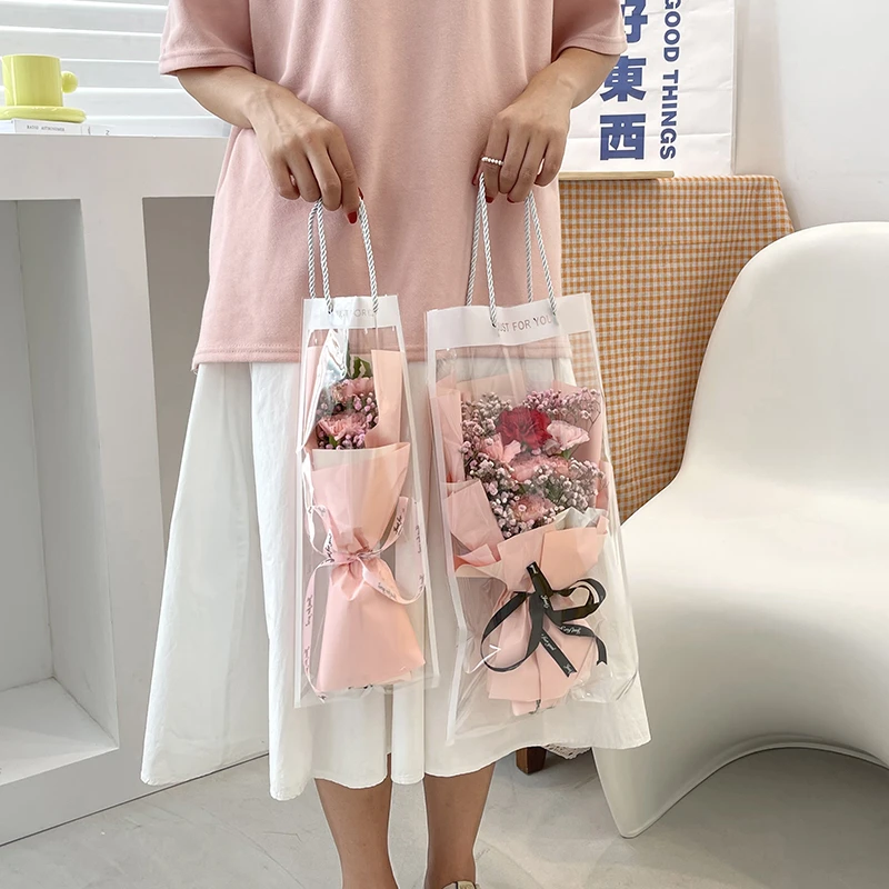七夕节鲜花手提袋简约ins手拎多单支花袋透明花束鲜花包装礼品袋