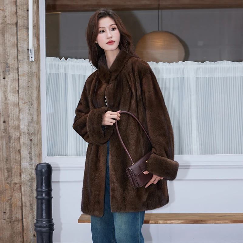 2025年新款整貂皮草外套时尚挽袖水貂皮草进口天鹅绒短二貂皮大衣