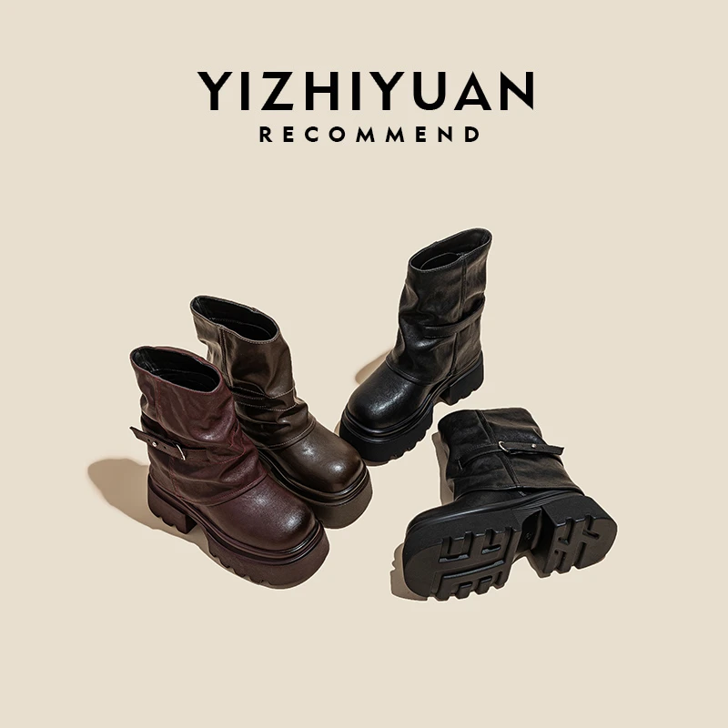 增高11CM2024秋季新款女鞋时尚短靴厚底小个子增高马丁靴11653-3