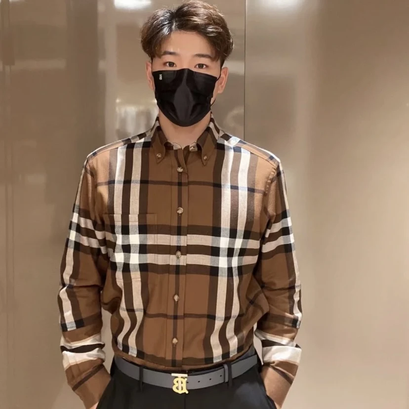 全新未使用 BURBERRY/博柏利 男士休闲衬衫 桦木棕格纹 加厚棉