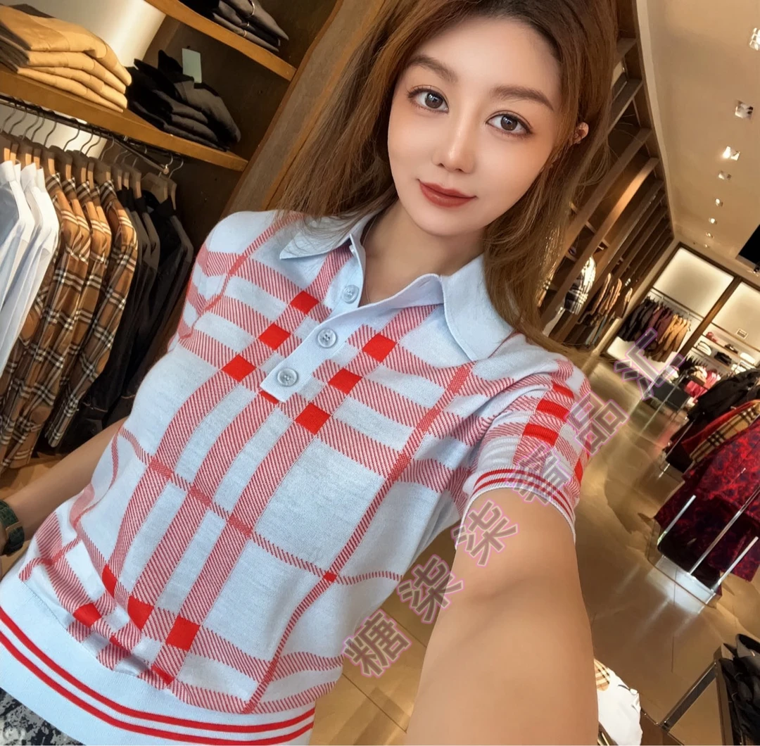 未使用 BURBERRY/博柏利  女士短袖针织衫Polo上衣淡蓝橘红格