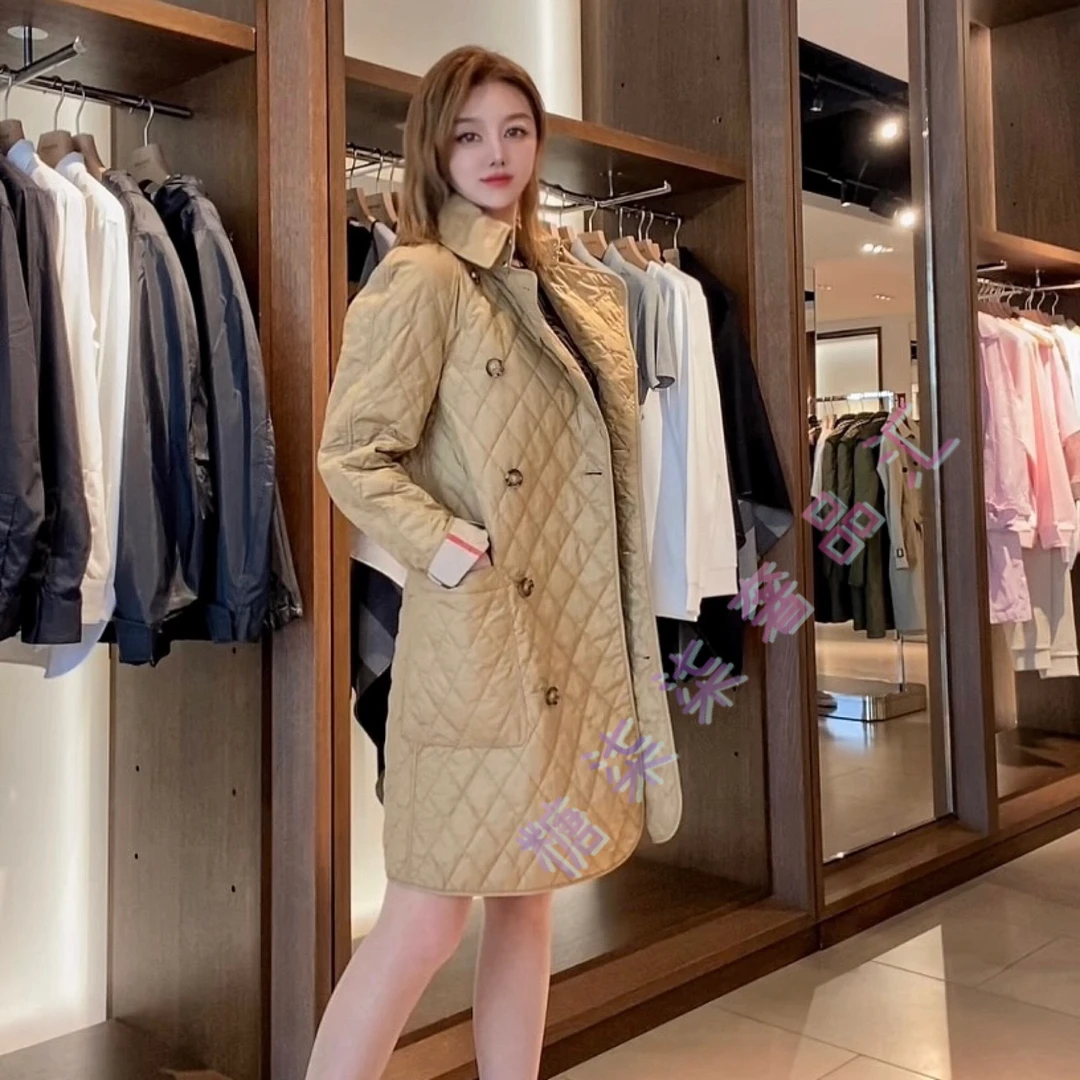 未使用 BURBERRY/博柏利 女士菱格棉服薄款双排扣中长款宽松