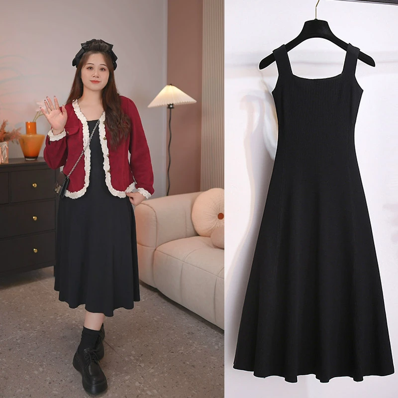 映晴大码女装红色秋冬新款蕾丝边显瘦上衣外套针织背心裙两件套装