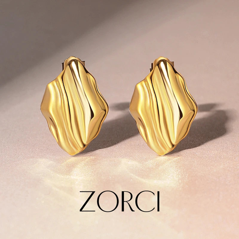 925银耳饰 金色褶皱耳钉女小众设计感饰品气质百搭耳环高级感