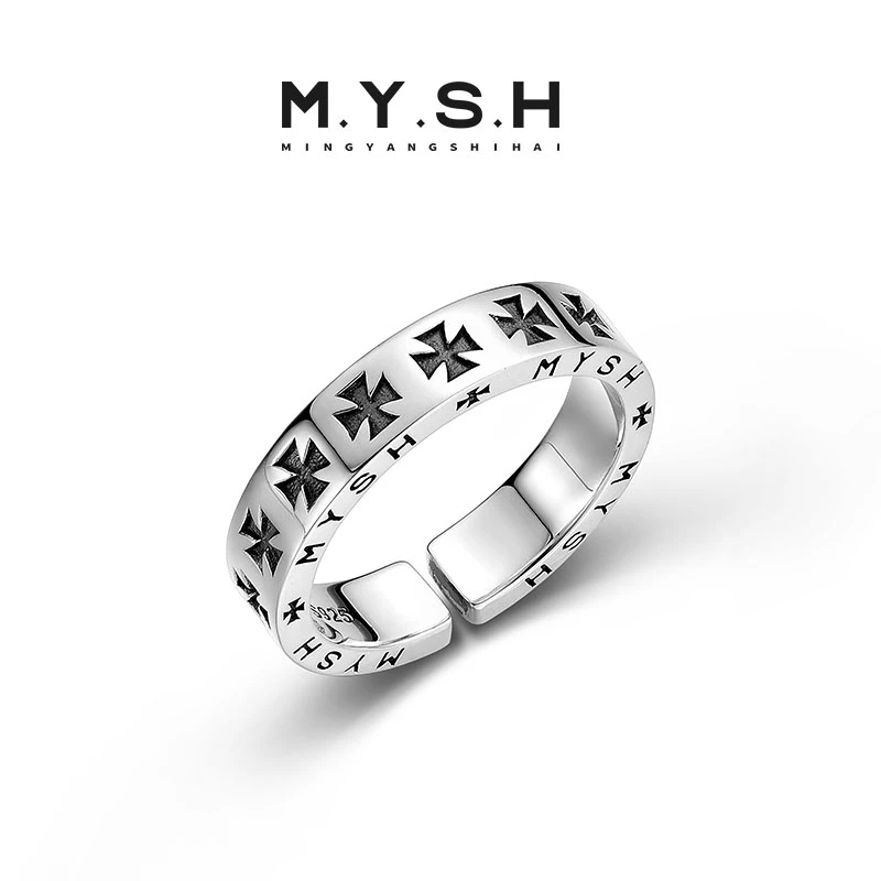 925银戒指 MYSH铭扬饰海十字戒指男士潮牌个性原创设计开口戒潮
