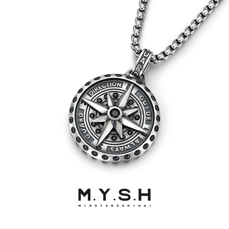 吊坠925银 MYSH北极星指南针航海罗盘项链男士吊坠 合