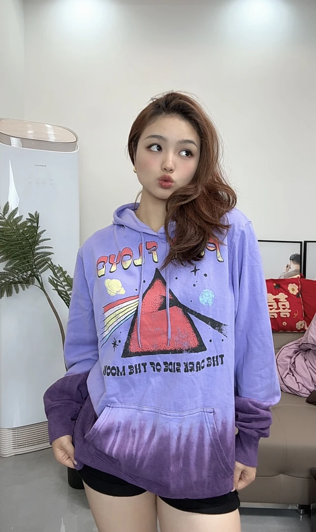 外贸纯棉卫衣连帽紫色三角渐变