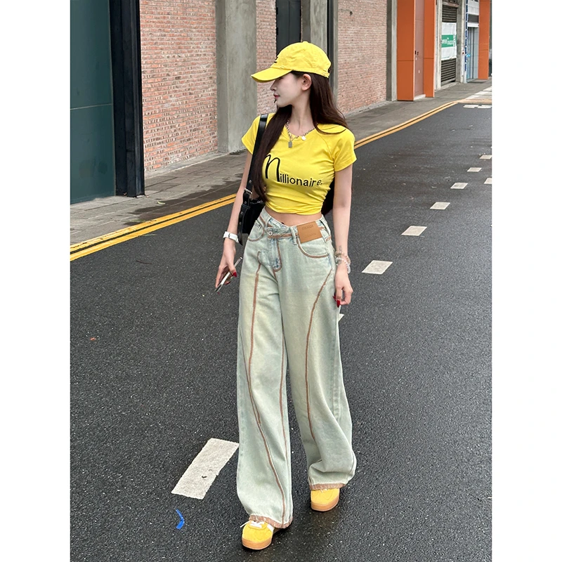 不规则手绘线条阔腿牛仔裤女2024秋季新款宽松遮肉垂感长裤蛮腰纪