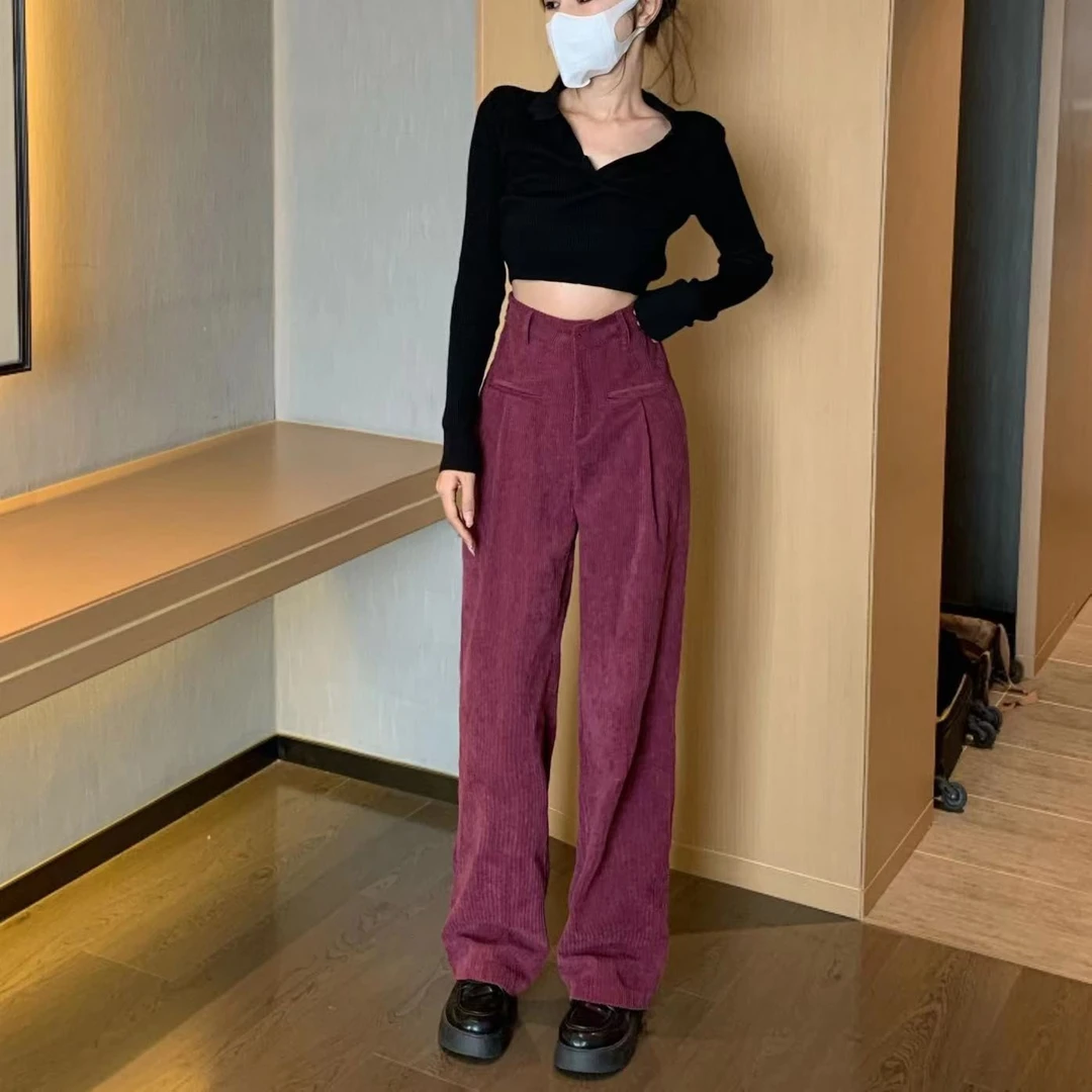 韩版梅子色休闲裤2024夏季新款小众设计宽松垂感直筒拖地裤蛮腰纪