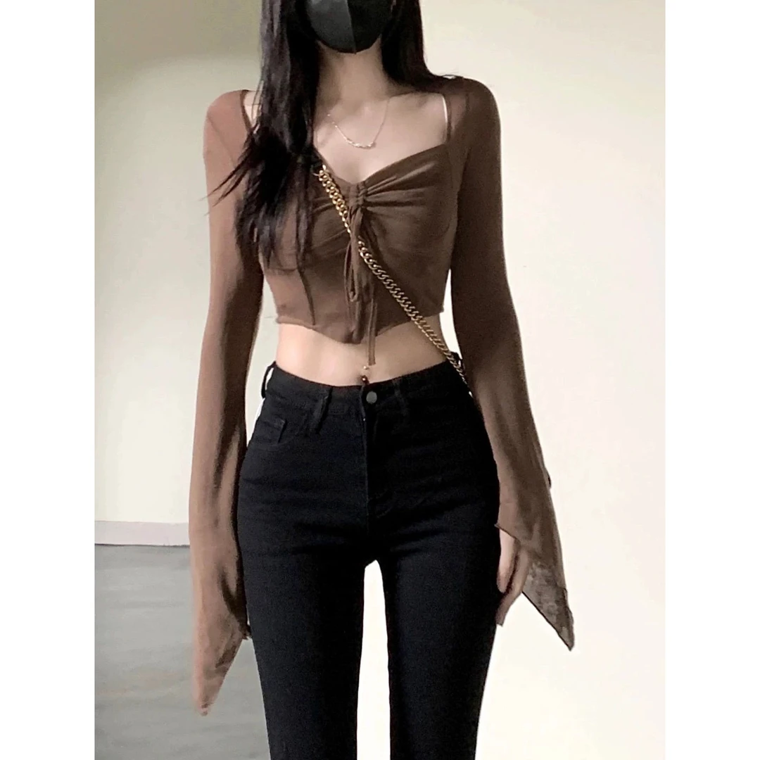 法式方领系带鱼骨短上衣女25秋季修身显瘦不规则长袖打底衫