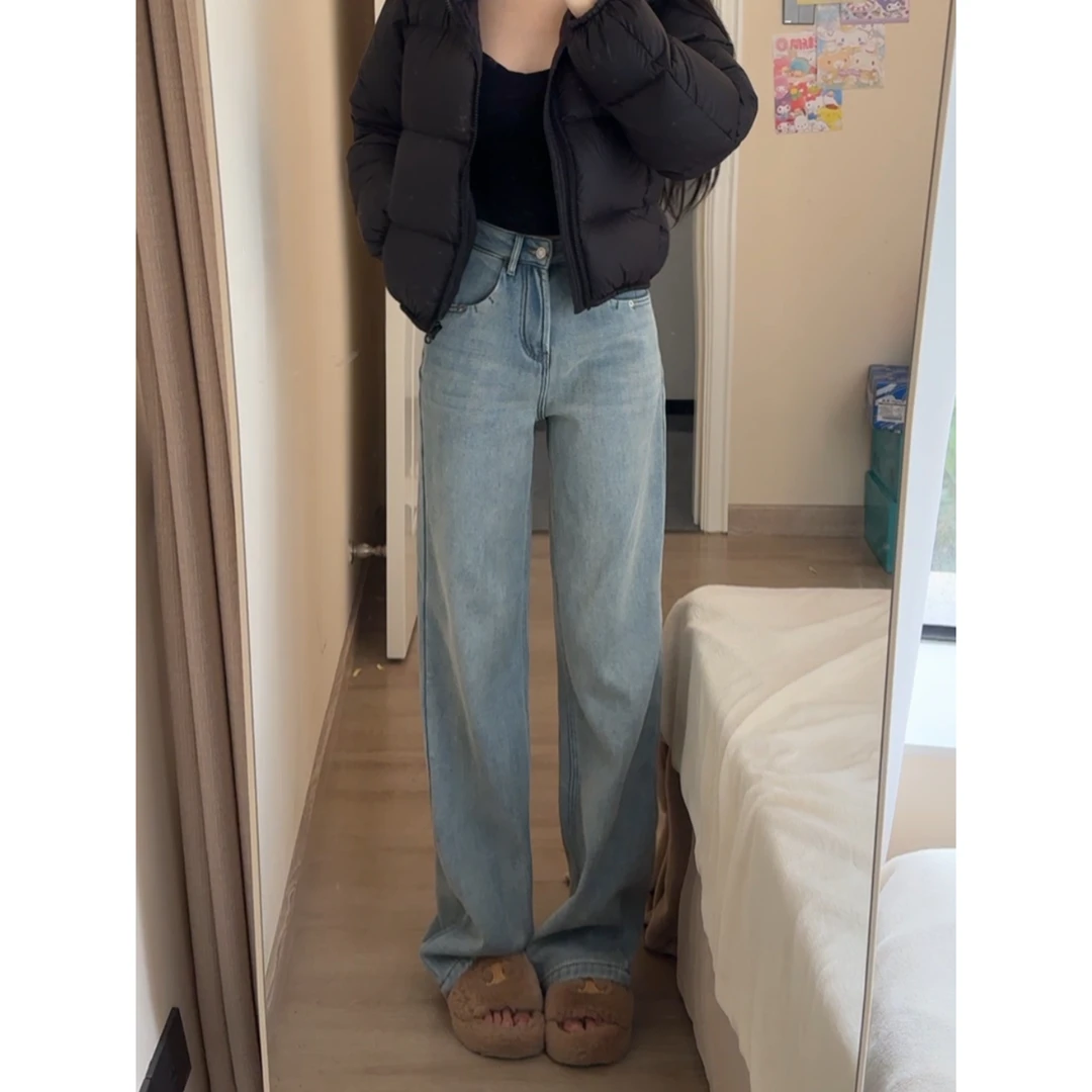 软乎乎浅蓝直筒阔腿牛仔裤女2025秋季小个子高腰显瘦宽松直筒长裤