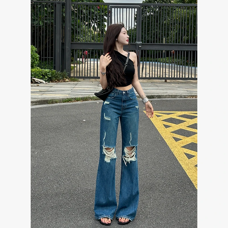 破洞不贴腿喇叭牛仔裤女2025年秋季新款宽松显瘦显腿长拖地长裤