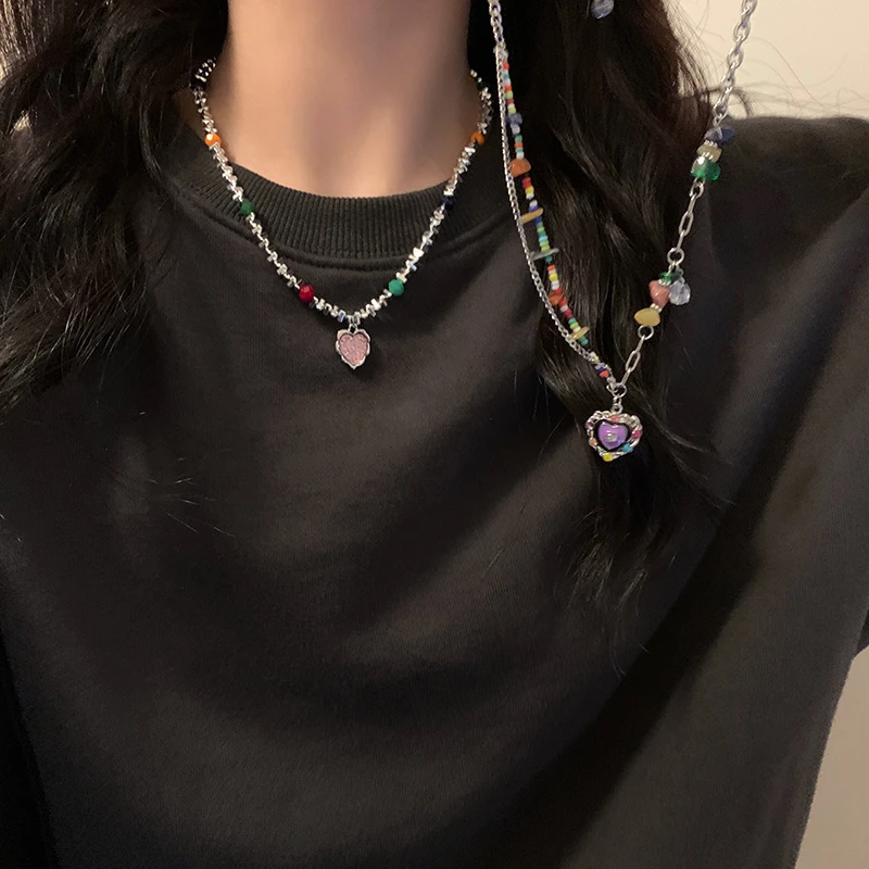 铜合金项链 爱心锆石碎银子串珠项链女ins高级感甜酷风辣妹锁骨链