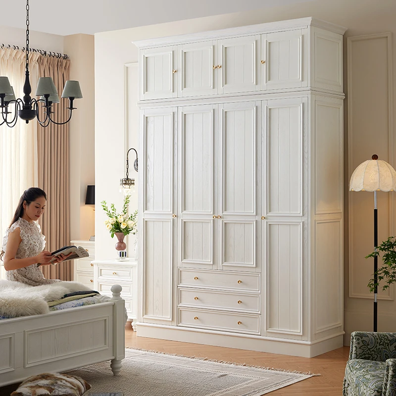 卡娜斯美式全实木衣柜法式轻奢白色卧室落地四门顶柜白色储物柜子