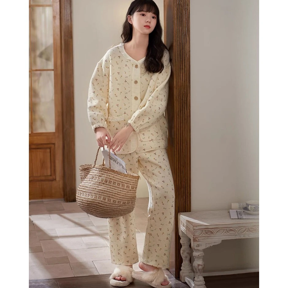 睡衣女秋冬季夹层加厚韩系外穿长袖小碎花甜美休闲保暖套装家居服