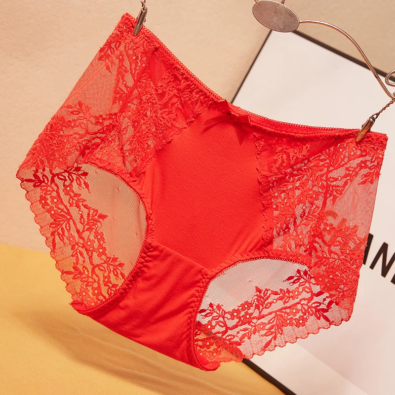 大码红色内裤女性感透气蕾丝舒适中腰棉档薄款底裤2025新款不夹臀