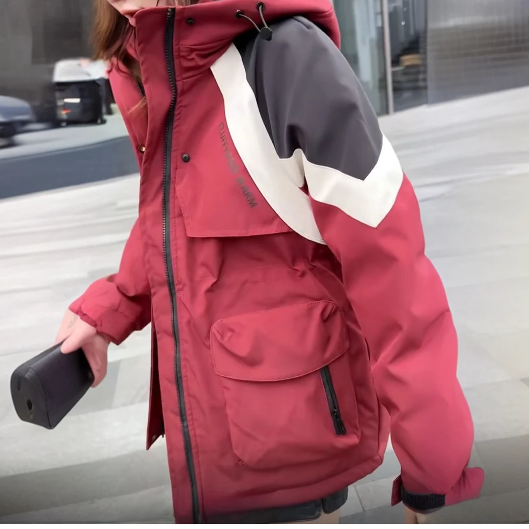 AC【9923】红 A-3撞色拼接收腰加厚冲锋衣2024秋冬新款中长款加棉