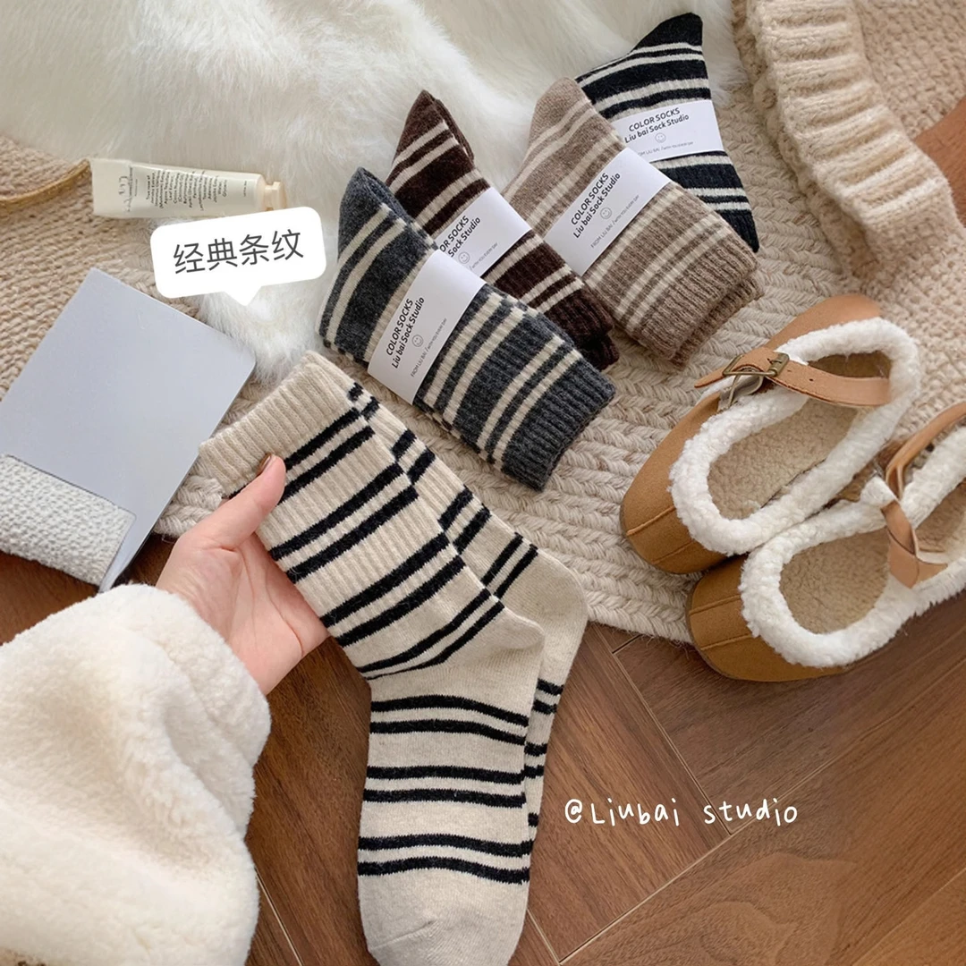 条纹百搭袜子春秋女中筒中筒加厚保暖ins百搭冬天学院简约堆堆袜