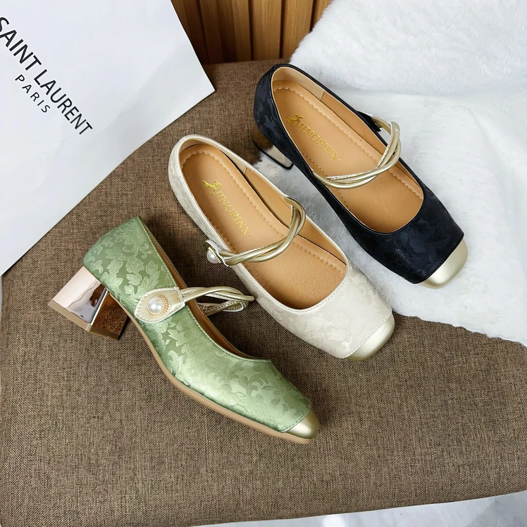 【朵苮品牌】Y2024年春夏粗跟一字带单鞋女中国风新中式玛丽珍女鞋