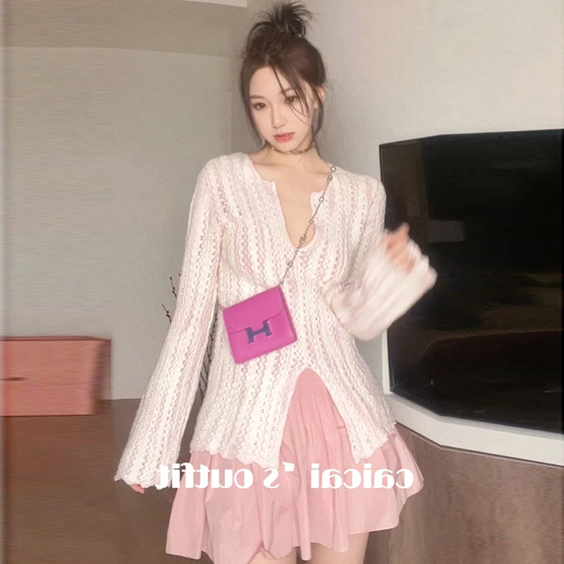 NJJ03810秋款女装年新款法式高级感御姐轻熟风粉色百褶半身裙两件