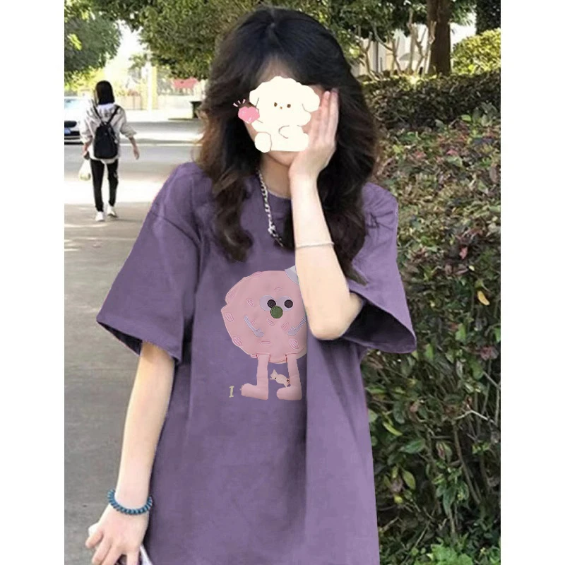紫色圆领短袖T恤女夏季爆款2024年新款纯棉慵懒宽松小众潮牌上衣